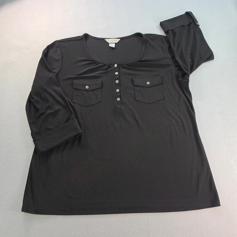 Christopher & Banks Womens XL Black 3/4 Roll Tab Sleeve Henley Blouse Knit Top